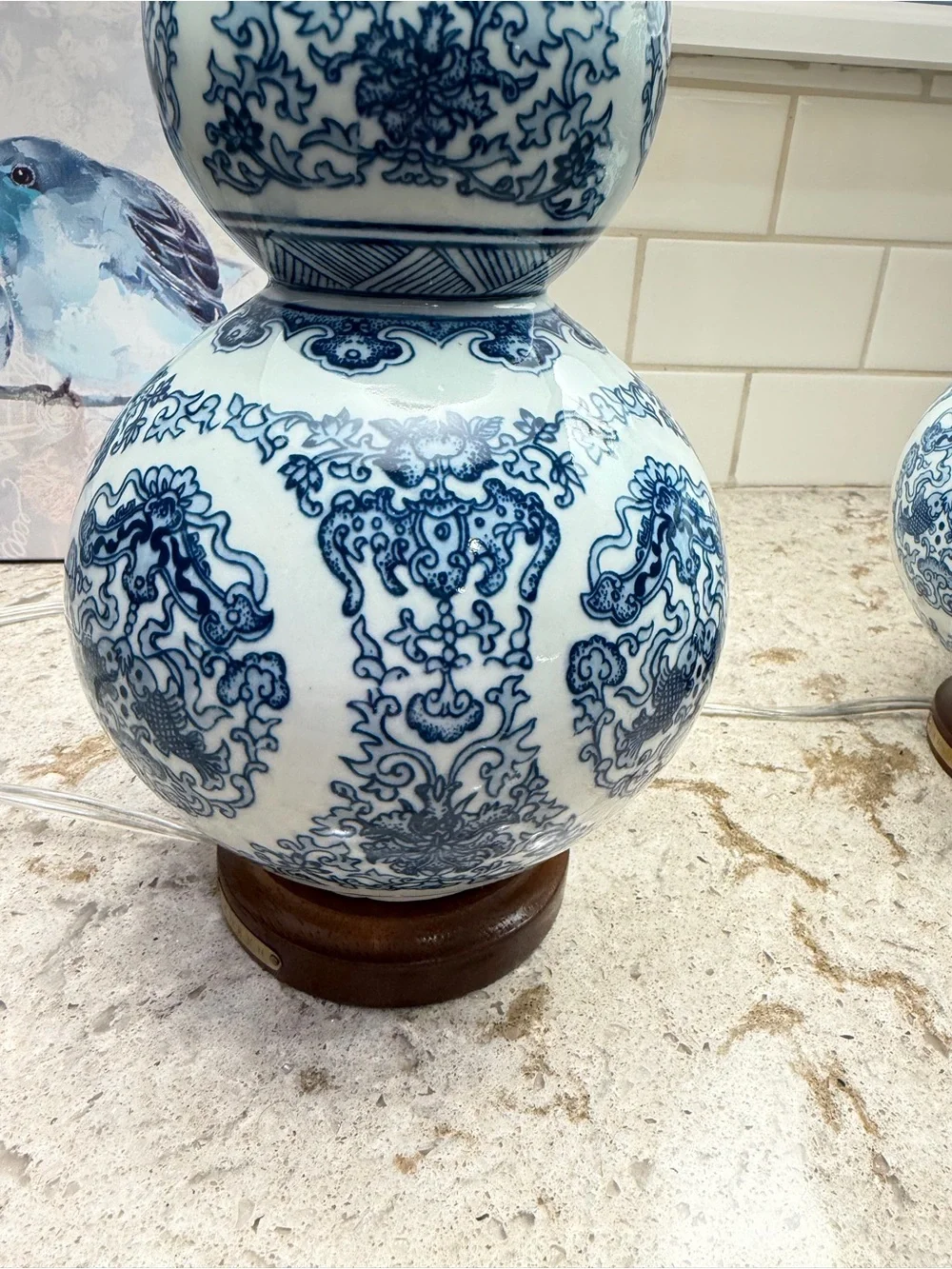 Ralph Lauren Home Blue & White Porcelain Double Gourd Table Lamps. Pair.